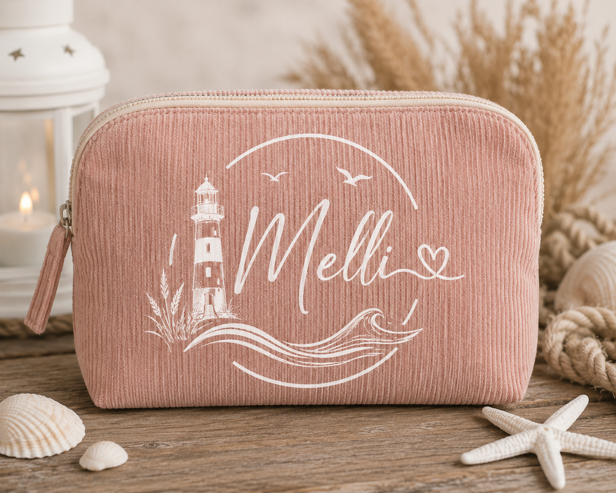Personalisierte Cord-Kulturtasche „Küstenliebe“ – Produktansicht