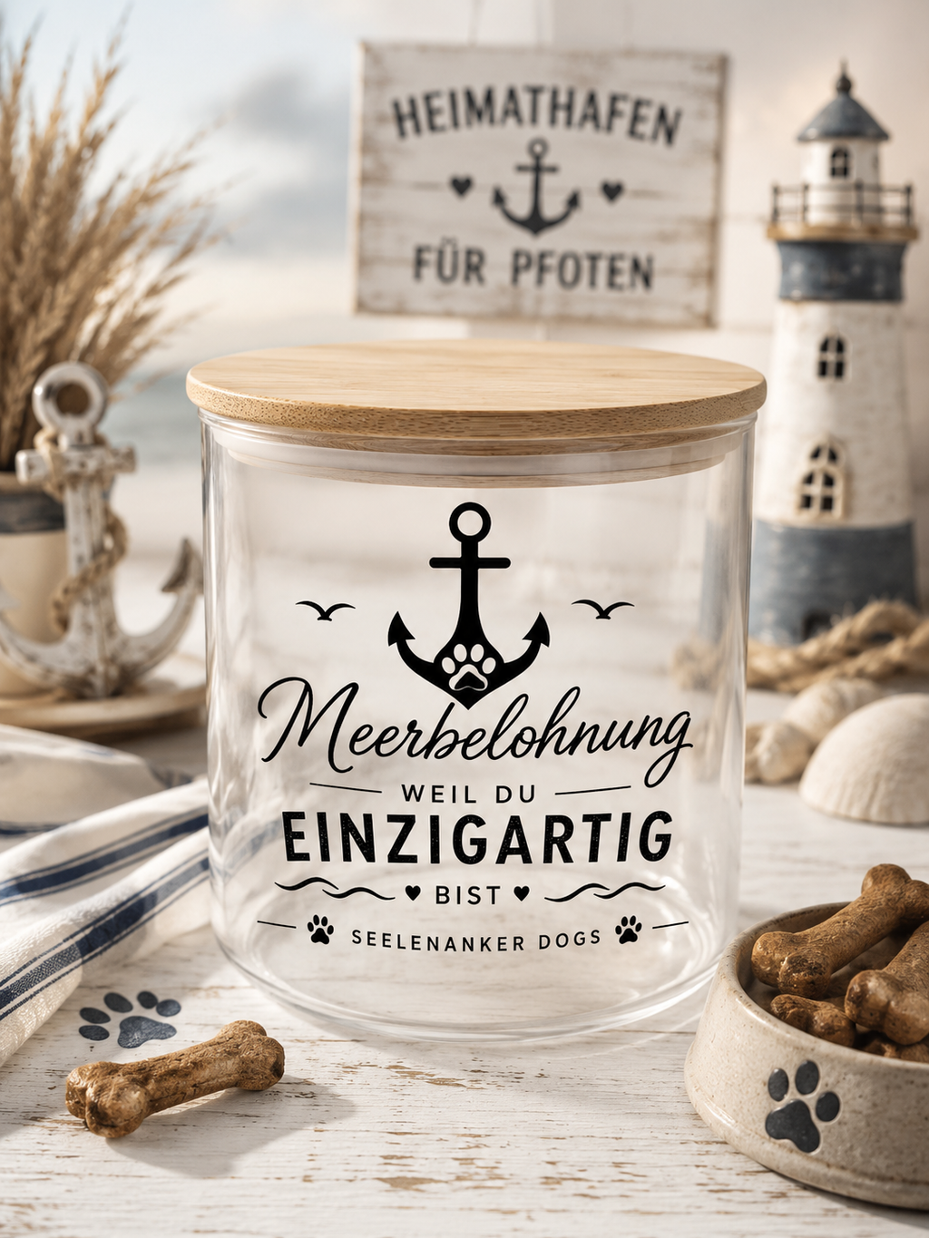 Leckerlieglas „Küstenschätze Hunde“ | Spruch wählbar – Produktansicht 2