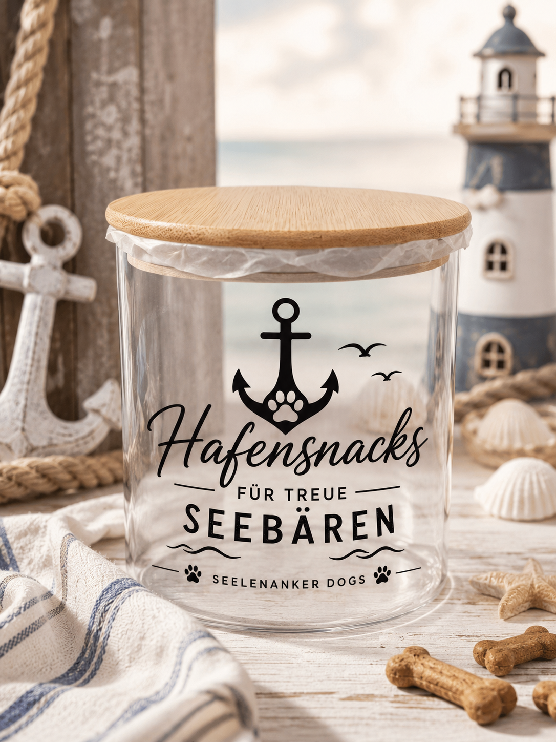 Leckerlieglas „Küstenschätze Hunde“ | Spruch wählbar – Produktansicht
